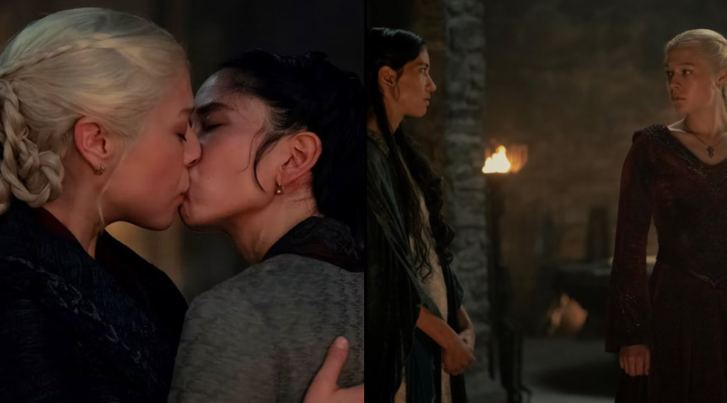 Rhaenyra (Emma D’Arcy) e Lady Mysaria (Sonoya Mizuno) em cena de beijo lésbico - Reprodução/Max/Montagem