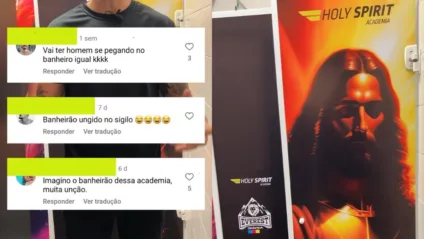 A academia de ginástica Holy Spirit aposta em imagens religiosas para afastar "banheirão" - Reprodução/Instagram/Montagem