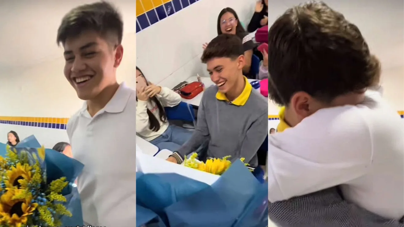 Jovem surpreende namorado na escola com buquê - Reprodução/TikTok/Montagem