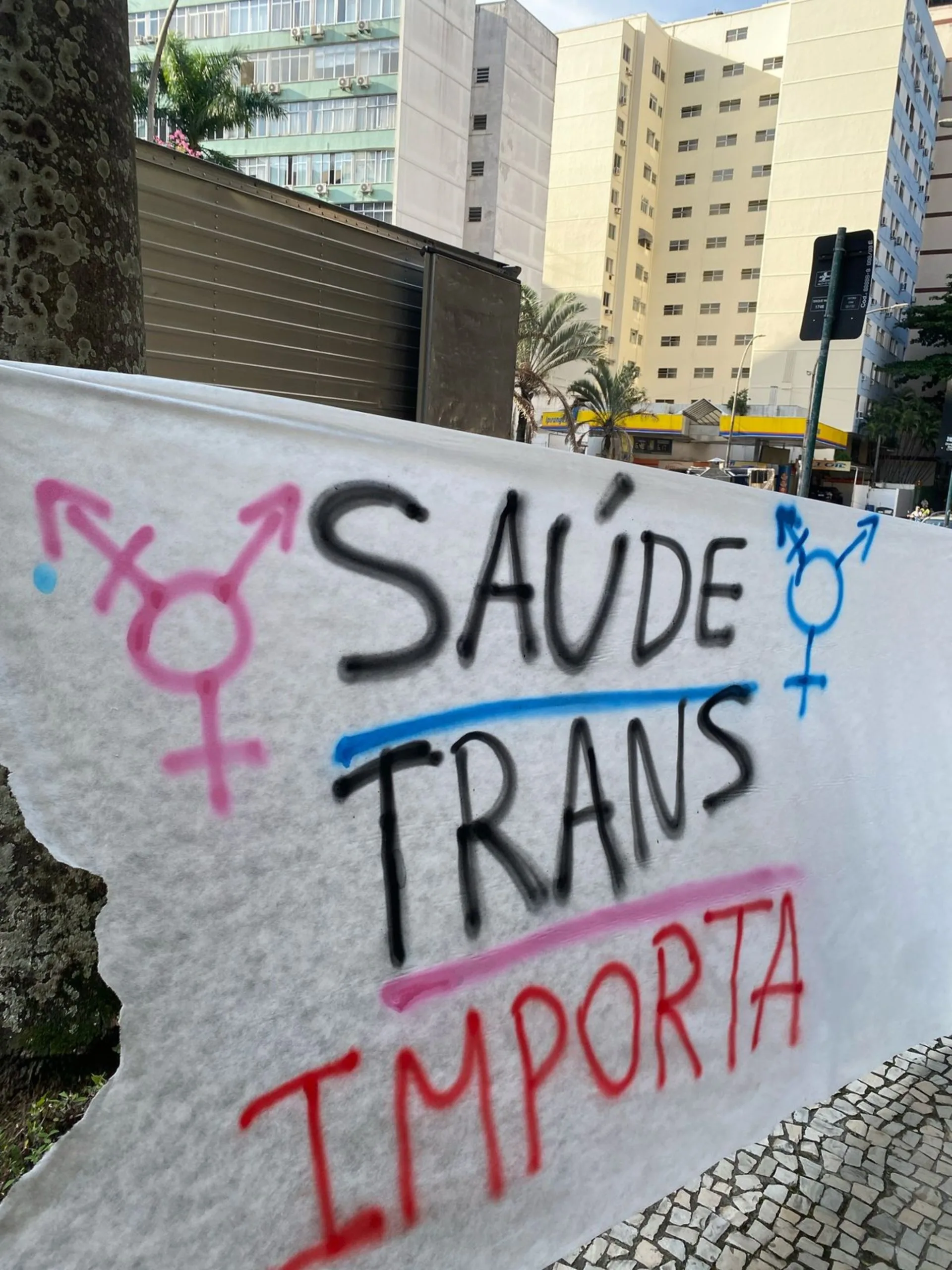 aixa com a frase “Saúde Trans Importa” pintada com símbolos de gênero, exposta em protesto na rua.