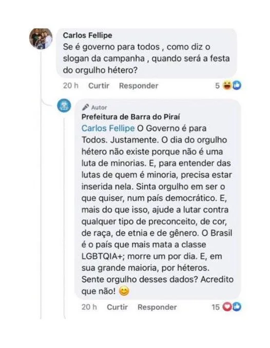 Prefeitura viraliza ao rebater homem que cobra festa do "orgulho hétero" em crítica à comunidade LGBT+ (Foto: Reprodução/Facebook)